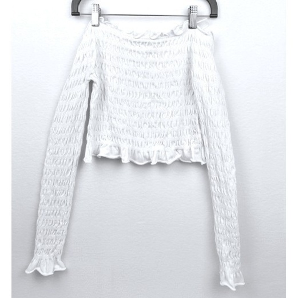 Zara White Smocked Off Shoulder Crop Top Long Sleeve Ruffle Trim Size M